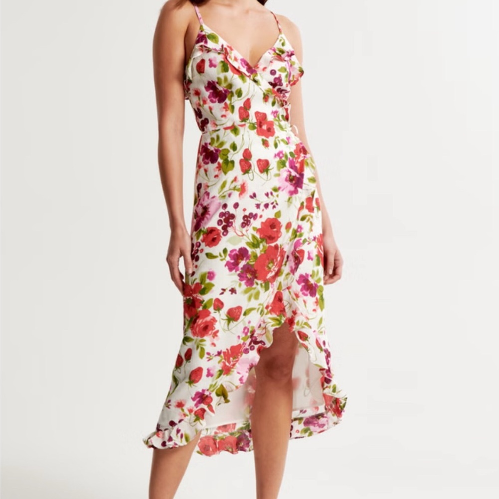 Floral Ruffle Midi Dress with Spaghetti Straps - Pink/Green